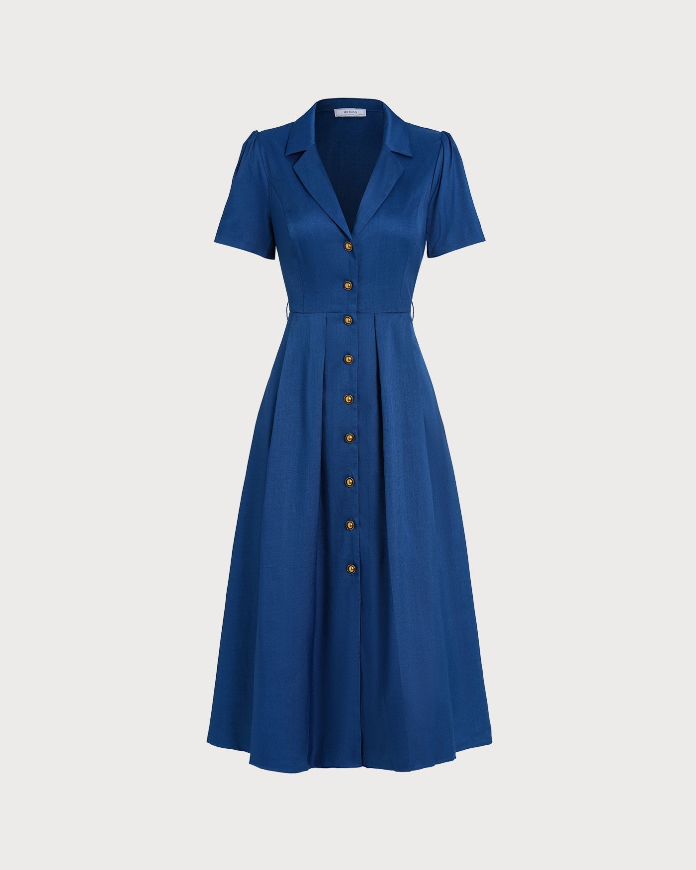 Blue V Neck Pleated Button Midi Dress