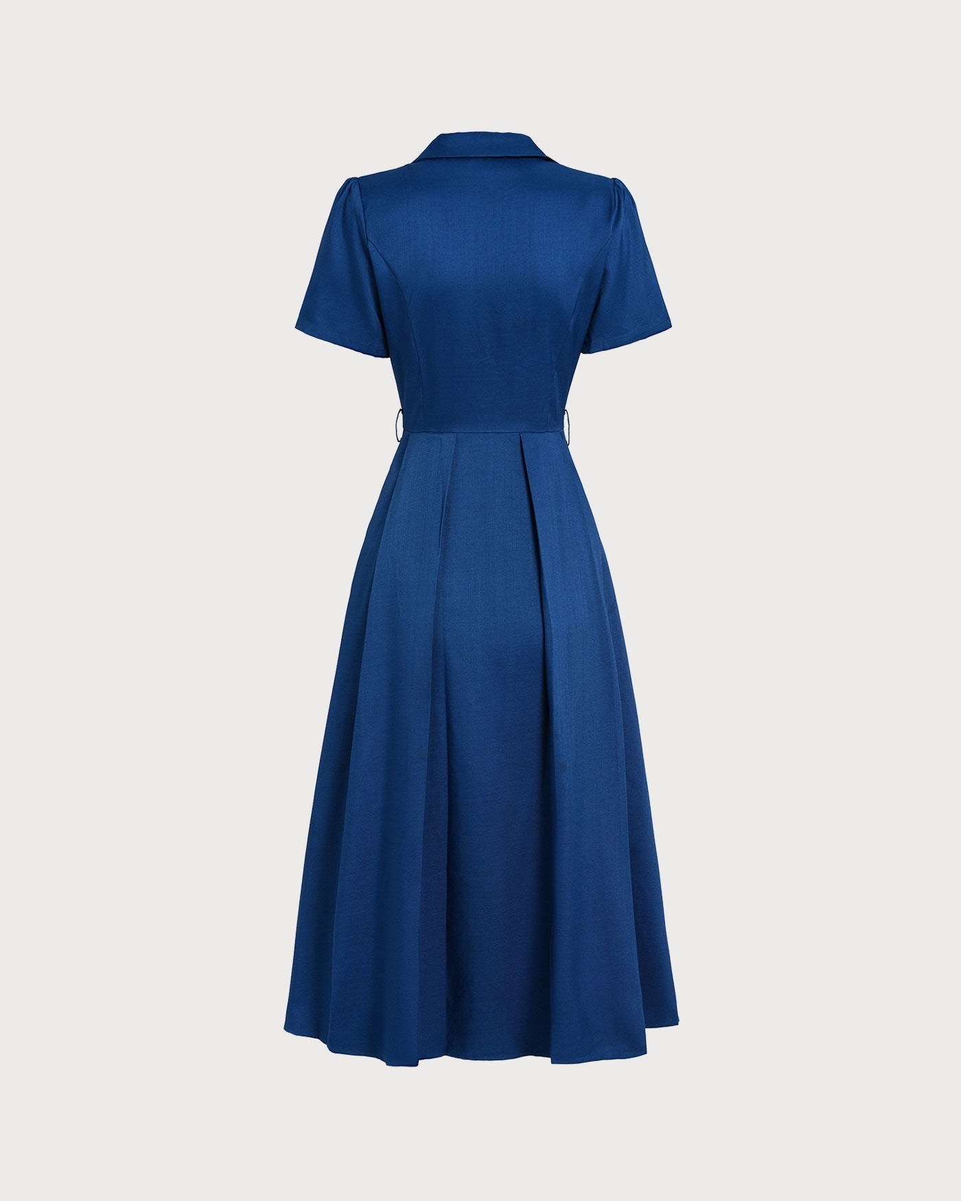 Blue V Neck Pleated Button Midi Dress