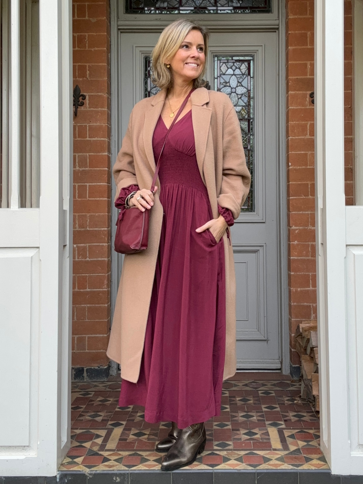 Maddie - V Neck Dress - Burgundy