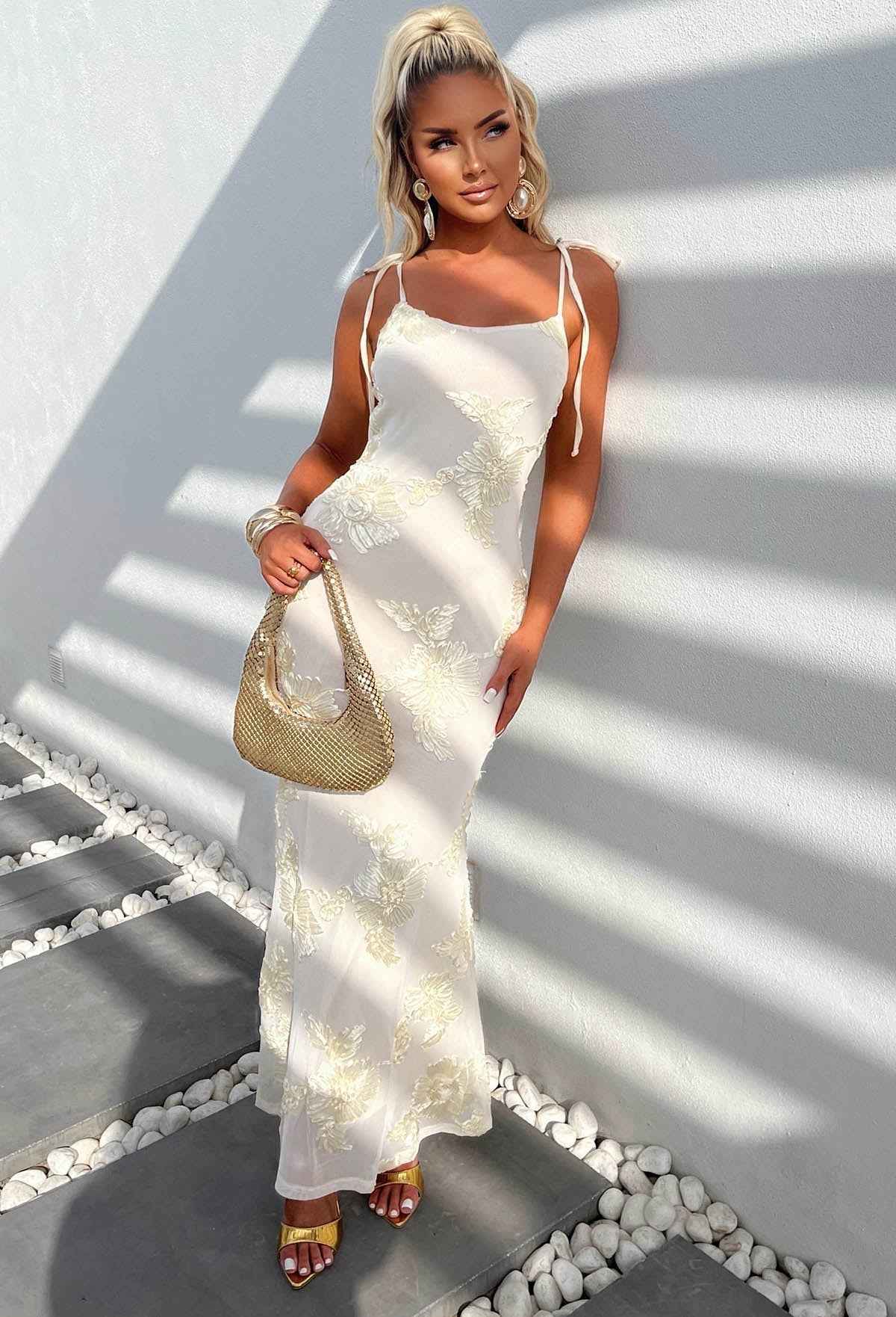Champagne & Sunsets Cream Ribbon Flower Maxi Dress