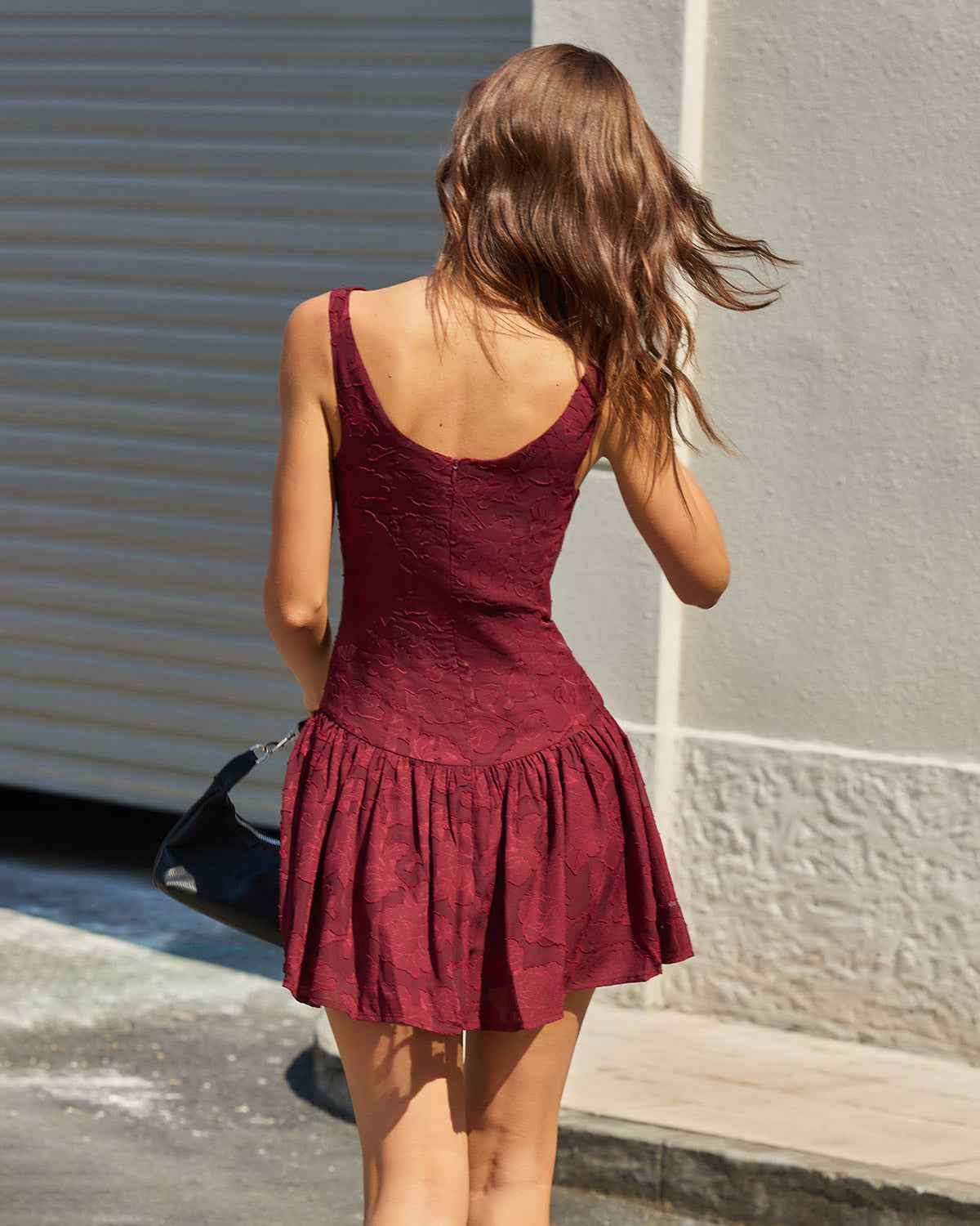 Red Jacquard Boat Neck A-Line Mini Dress