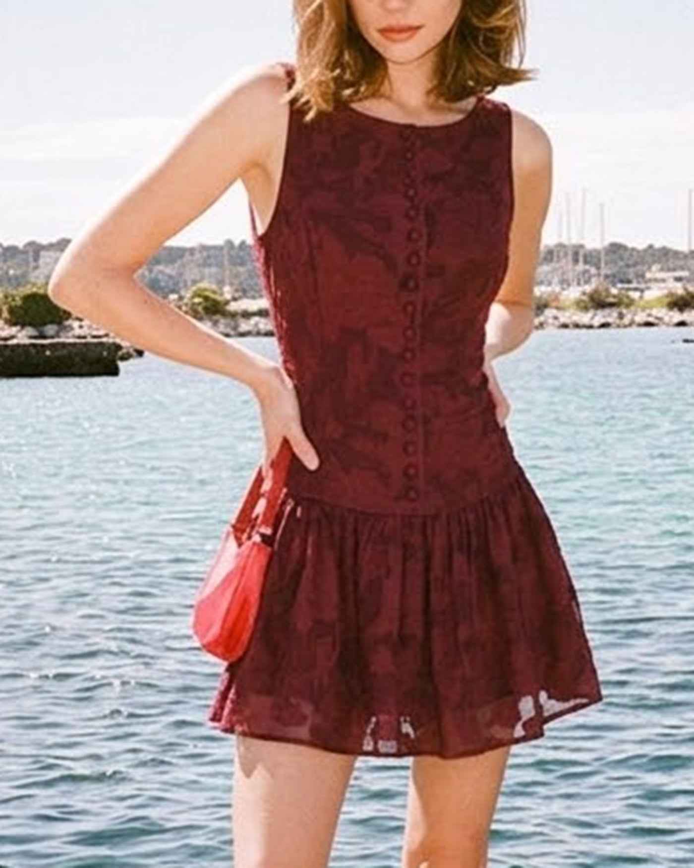 Red Jacquard Boat Neck A-Line Mini Dress